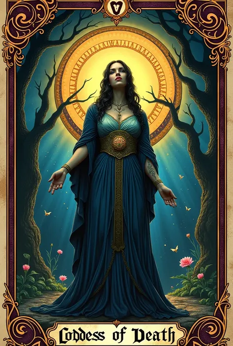 card, intricate detailed card التارو illustration, card التارو, card التارو ", Medieval script font style, Goddess of Death, Nurse Standing in Care , Ouroboros symbol, Cinema lighting, Dramatic shadows, bright colors, Rich color palette, surreal card التار...