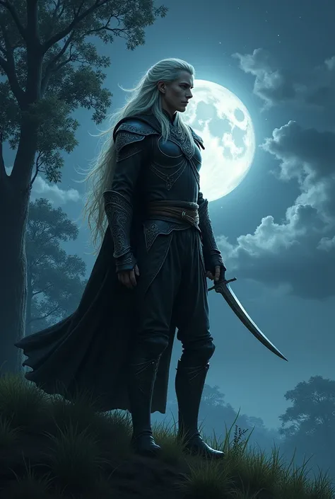 Long haired elf assassin with a dagger in his hand under the moonlight on a hill