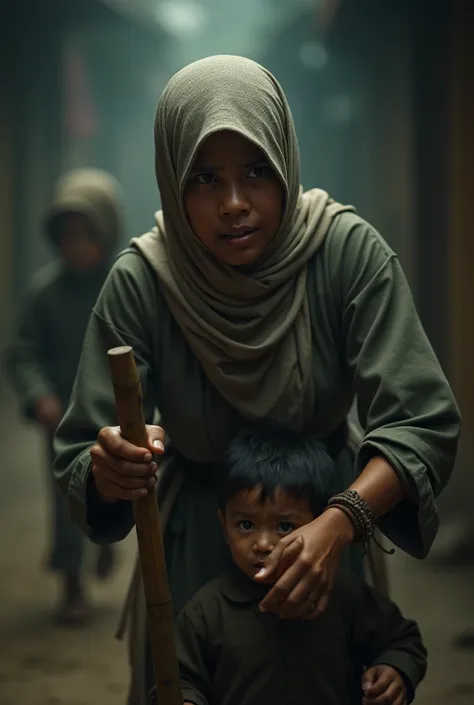 a asian muslim mother holding a bamboo cane chasing a small asian muslim child with an angry face, the running away in fear, detailed facial features, dramatic lighting, cinematic composition, moody atmosphere, high contrast, photorealistic, award winning ...