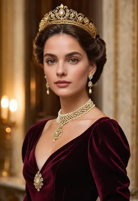 Create a highly detailed portrait of an Italian princess in a royal, historical setting. The princess has a fair complexion with warm, olive undertones, and her deep brown eyes are captivating, radiating confidence and grace. Her hair is styled in an elega...