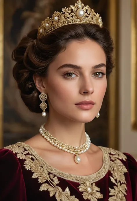 Create a highly detailed portrait of an Italian princess in a royal, historical setting. The princess has a fair complexion with warm, olive undertones, and her deep brown eyes are captivating, radiating confidence and grace. Her hair is styled in an elega...