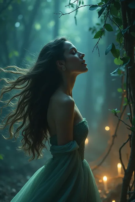 a beautiful woman singer in a mystical and ethereal cancer-themed scene, detailed face, long flowing hair, elegant dress, dramatic lighting, magical atmosphere, photorealistic, cinematic, dramatic colors, fantasy, concept art