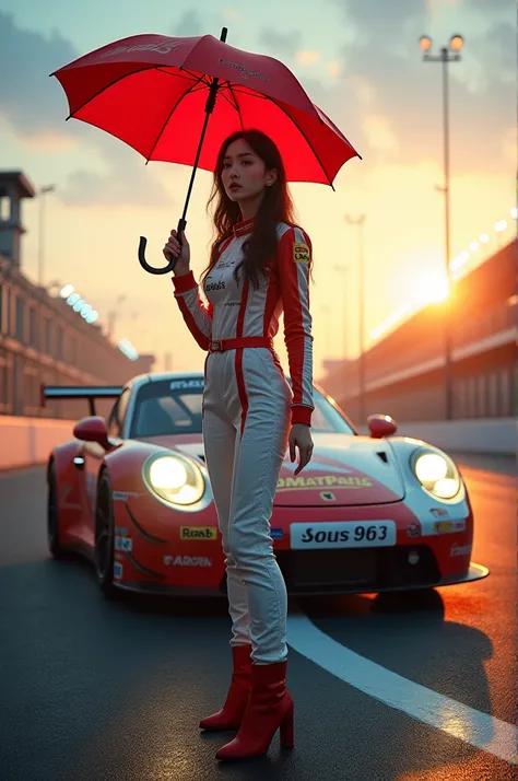 
uhd, realistic, racing queen with korean beauty similiar to tae yon with her face clearly visible, wear boot, left hand holding a open umbrella, on race track, full signal light on top, morning sky, the background is racing porsche 959 full racing sponsor...