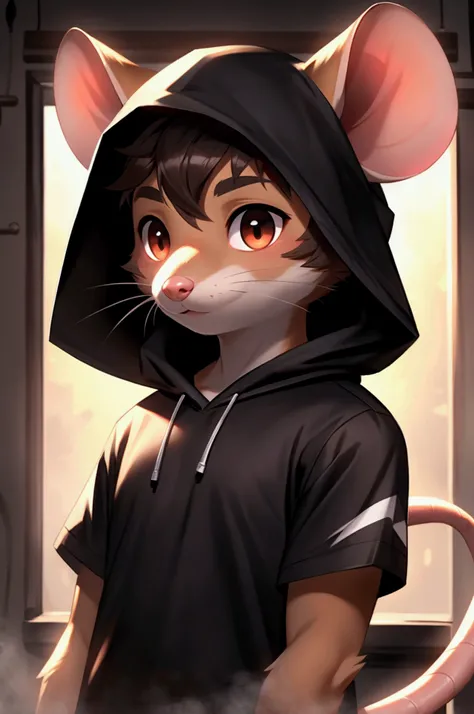 a male gamer mouse animal for vtuber, with black t-shirt and hood, The brown mouse with a white stripe in the middle, looking straight ahead