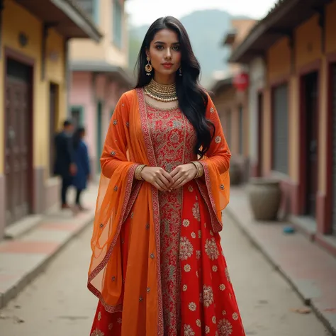 realistic photo, 25 year old indian women,((wearing a Panjabi traditional style vibrant coloursfull salwar suit)), standing a model pose,( portrait photography, background most realistic morden city,detailed face and body, natural lighting, high resolution...