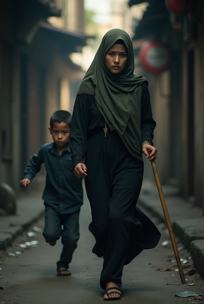 a asian muslim mother holding a bamboo cane stickchasing a small asian muslim child with an angry face, the running away in fear, detailed facial features, dramatic lighting, cinematic composition, moody atmosphere, high contrast, photorealistic, award win...