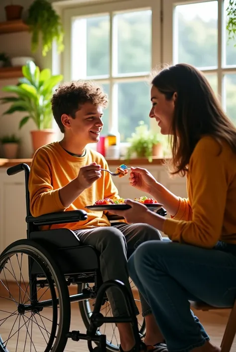 19 year old young man in a wheelchair who is unable to eat alone, A friend helps him