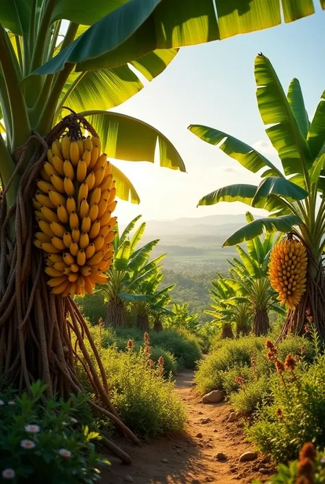 Scene of a beautiful banana garden, with golden bananas hanging between green leafy banana trees. The sunlight falls beautifully on the trees, and the leaves move a little in the light breeze. Some empty space behind, where