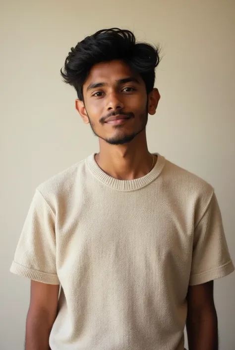 a 22 year old indian boy wearing plain woollen tshirt facing towards camera , no beard, black hair ,plain backgroung, photo clicked by iphone 15pro