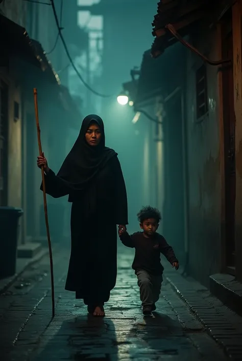 a asian muslim mother holding a bamboo cane stick very thin chasing a small asian muslim child with an angry face, the running away in fear, detailed facial features, dramatic lighting, cinematic composition, moody atmosphere, high contrast, photorealistic...