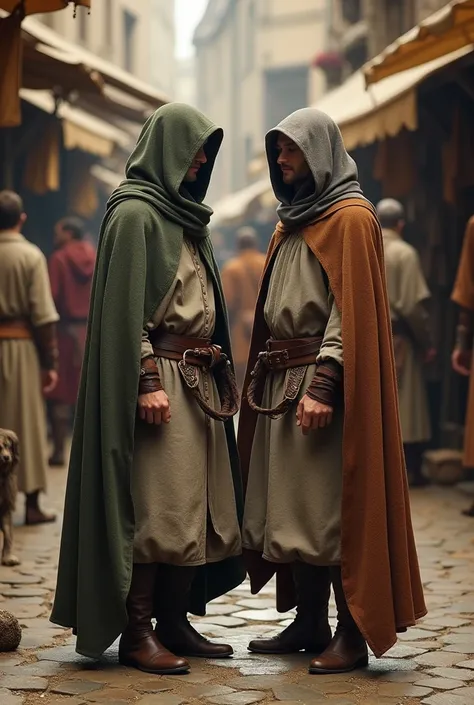 Two lackeys dressed as in the 7th century wearing long tunics reaching to the feet, made of linen or wool, of dull colors like browns, gray or dark green.

These lackeys might wear capes or cloaks over their robes., held in place by a clasp at the shoulder...