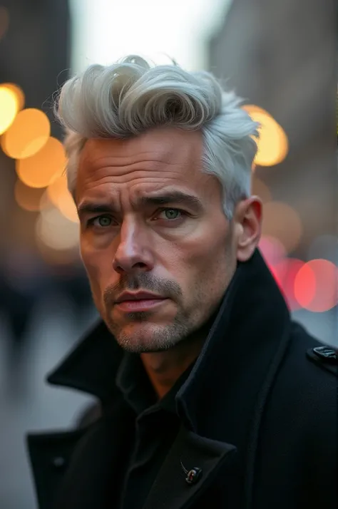 A man under 38 mature handsome with white hairs quiff haircut with hunter eyes 