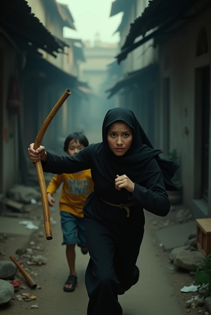 a asian muslim mother holding a bamboo cane stickchasing a small asian muslim child with an angry face, the running away in fear, detailed facial features, dramatic lighting, cinematic composition, moody atmosphere, high contrast, photorealistic, award win...