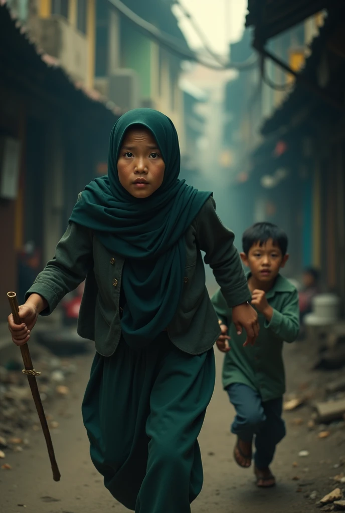 a asian muslim mother holding a bamboo cane stickchasing a small asian muslim child with an angry face, the running away in fear, detailed facial features, dramatic lighting, cinematic composition, moody atmosphere, high contrast, photorealistic, award win...