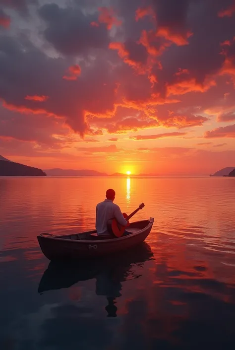 Playing guitar on a boat in the middle of the lake, in a sunrise. The landscape is super simple: anything. Only the infinite lake and the boat with the sunrise, with red colors, oranges and purple-blues. Zero mountains in the background or things in the ba...