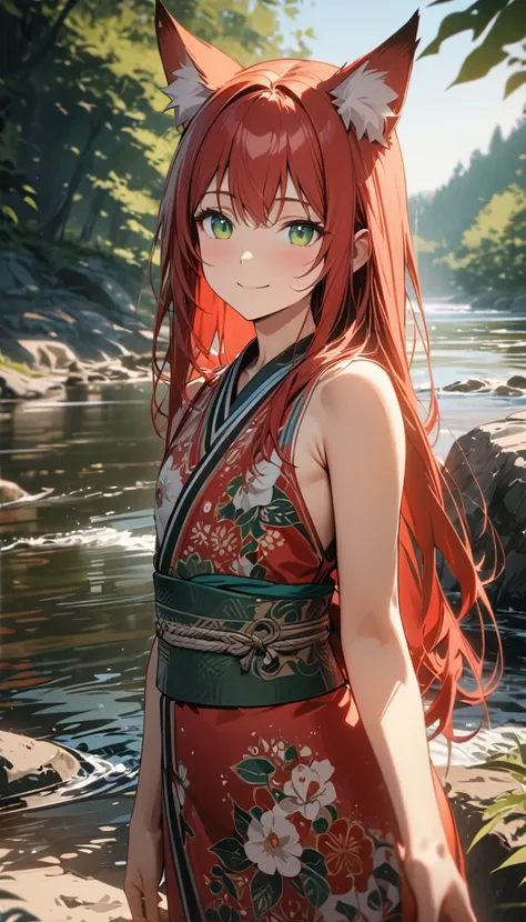 young girl, long red hair, fox ears, green eyes, smile, kimono, folk Russian print, sleeveless, open shoulders, flat chest, river, summer, Masterpiece, best quality, Full HD, 8k, ultra details, great graphic