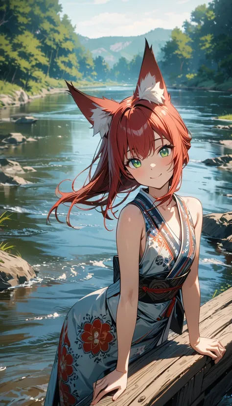 young girl, long red hair, fox ears, green eyes, smile, kimono, folk Russian print, sleeveless, open shoulders, flat chest, river, summer, Masterpiece, best quality, Full HD, 8k, ultra details, great graphic