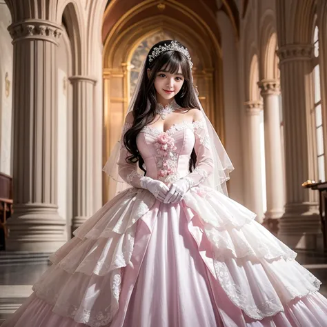 wear wedding gloves, best quality, Delicate face，beautiful visual work, lifelike, eternity, black hair, Long curly hair, blunt bangs, Smile, Detailed Background, Delicate face，pink blush，cold，((masterpiece))、(top quality)、8k、high detail、Super detailed，31 y...