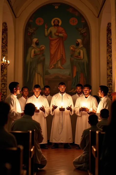 15 mens orthodox christians saying chant in church of ethiopia with some ppl in the church