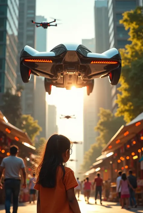 A girl watching a advanced modern flying car in a advanced modern India city