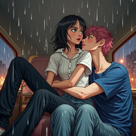 Masterpiece, best quality, Superb details, illustration, Beautifully detailed eyes, close up, With boys and girls. It&#39;s pink hair., White pleated shirt,Take off your black pants. Boy and girl kissing in the car, heavy rain weather