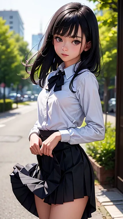 One Woman, alone, alone Focus, Cowboy Shot, Portraiture,Beaver,((Black Hair)), Very beautiful eyes, work,  (Small TI quality, Very detailed,uniform,(((Skirt Lift)))