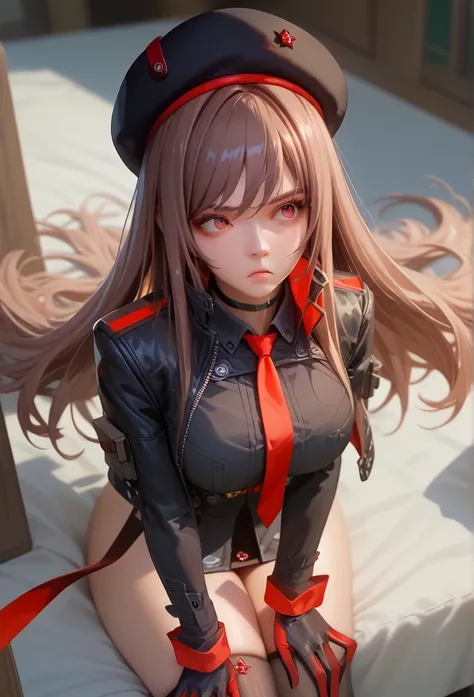 lapidev, red eyes, brown hair, long hair, bangs, beret, black jacket, cropped jacket, red tie, gloves, black shirt, 
knee socks,...