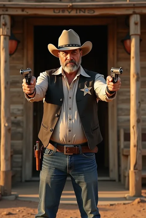 60 year Old man wearing cowboy outfit with the hat, he draw his both revolvers from his holster shotgun, he doesnt have beard, he has sherif star on his vest, hes in the front of a saloon wildwest wood door, hes hair black