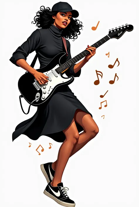 logo woman with curly hair wearing a cap, playing black and white guitar, black turtleneck shirt dress and nike sneakers
