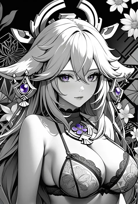 Yae Miko, genshin impact, absurdres, highres, ultra detailed, ultra-detailed background, detailed background, extremly detailed, 1girl,bunch of flowers, (zentangle:1.2), (geometric:1.2), black and white color palette, monochromatic, big breasts, cleavage, ...