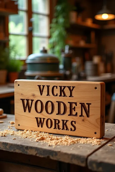 Shining wooden theme on which its written "Vicky wooden Works"