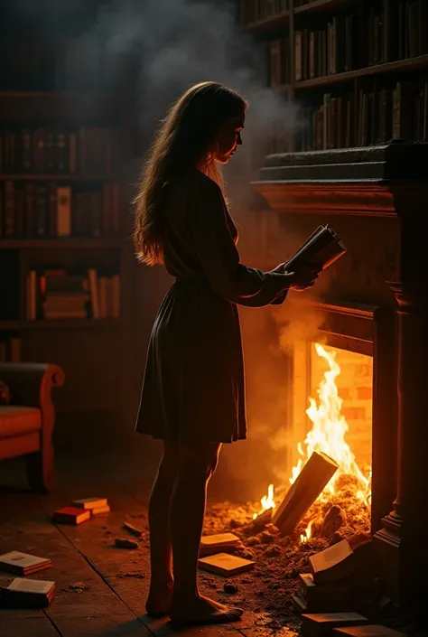 A picture of a woman burning all her books in the fireplace.
   