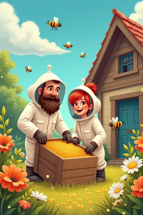 Generate an image of two beekeepers, one man and one woman, removing bees from a house, using safety equipment and placing the bees in a box, the image must have a cartoon style