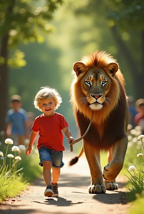 (Photorealism:1.2), Show a child, walking a lion on a leash
