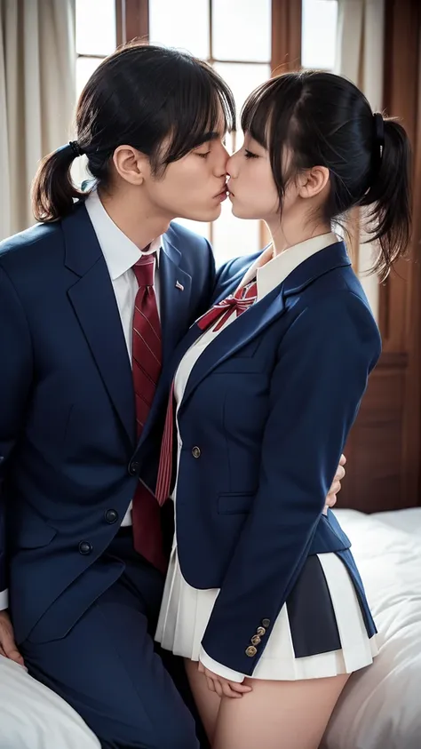 ((masterpiece, highest quality, high resolution)), japanese high school girl and 60-year-old man in a suit kiss、(realistic: 1.4)...