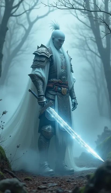 Depict the Ghost Warrior emerging from the mist, a spirit who died in battle but continues to fight on. Portray him in a realistic and mystical manner, emphasizing the following features:

- **Appearance**: The Ghost Warrior has a semi-transparent, etherea...