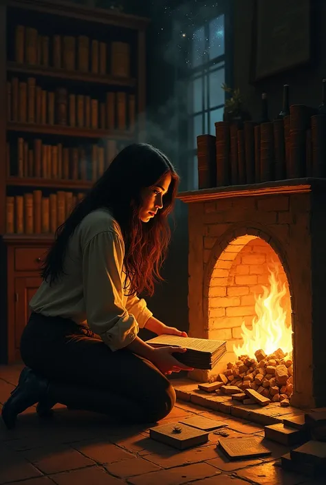 A picture of a woman kneeling and burning books in a fireplace with smoke rising from the chimney.
   