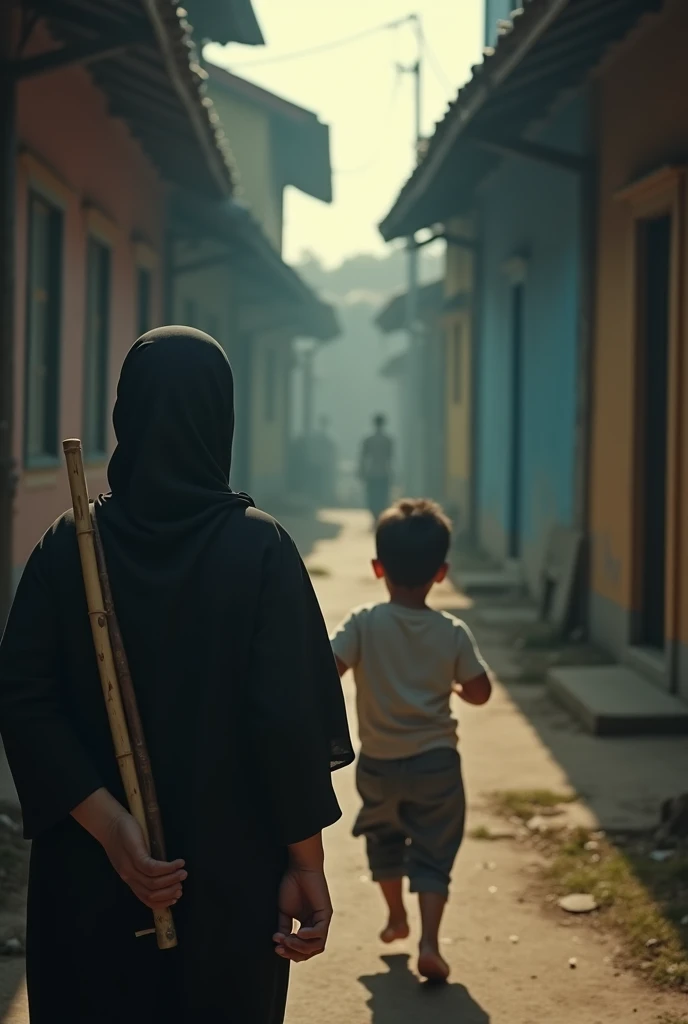 a asian muslim mother holding a bamboo stick chasing her small asian muslim child with an angry face. The mother from back chase the boy. , the boy running away with fear face, detailed facial features, dramatic lighting. Running effect, cinematic composit...