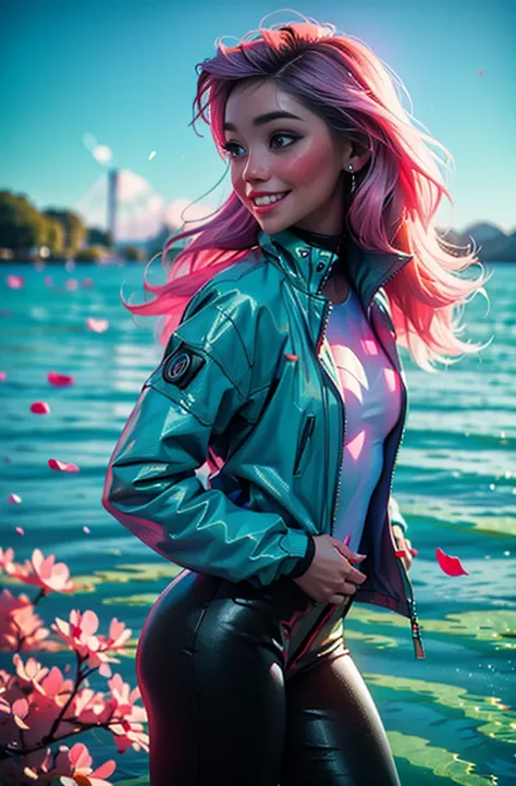 cyberpunk female woman wearing (turquoise Jacket with chromatic accents:1.1), sleek pink and White full bodysuit, side view turning to face camera, (Petal Blush, Lagoon Blue color background:1.3), amazing smile, looking at camera, neon lights 