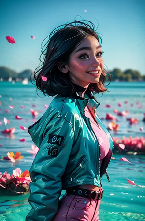 cyberpunk female woman wearing (turquoise Jacket with chromatic accents:1.1), sleek pink and White full bodysuit, side view turning to face camera, (Petal Blush, Lagoon Blue color background:1.3), amazing smile, looking at camera, neon lights 