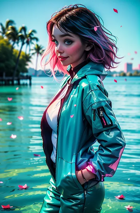 cyberpunk female woman wearing (turquoise Jacket with chromatic accents:1.1), sleek pink and White full bodysuit, side view turning to face camera, (Petal Blush, Lagoon Blue color background:1.3), amazing smile, looking at camera, neon lights 