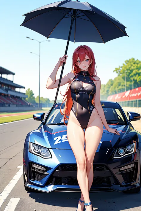 Inside the circuit, (Two Women),(Two race queens in high-cut outfits standing next to a racing car:1.5),(Leotards from the same team:1.5),(Colorful high-leg retards:1.3),(Wearing the same thing:1.5),Holding an umbrella,tight:1.5, (Long Hair:1.3), I slicked...