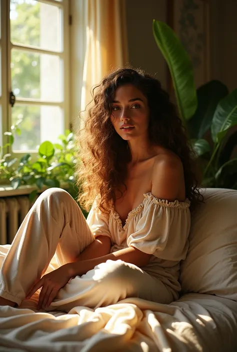 (photorealism:1.2), beautiful woman, sitting on bed, wearing loose off-shoulder top, pajama pants, long curly hair, indoors, soft lighting, plants in background, window with sunlight, cozy room, relaxed pose, realistic, intricate details, warm colors, by G...