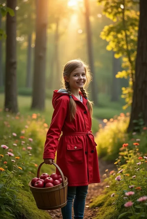 A teen girl in the forest in red raincoat with a bucket of apples 