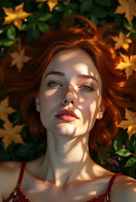 An image focuses on light and shadow on a womans face lying on the forest ground, leaves around, partial glittering rays of light, unique features of the woman, woman has a unique face, ginger, brunette,