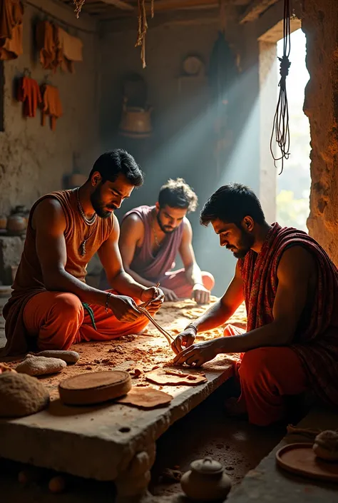 3 Ancient indian young men cutting cow skin into a think thread