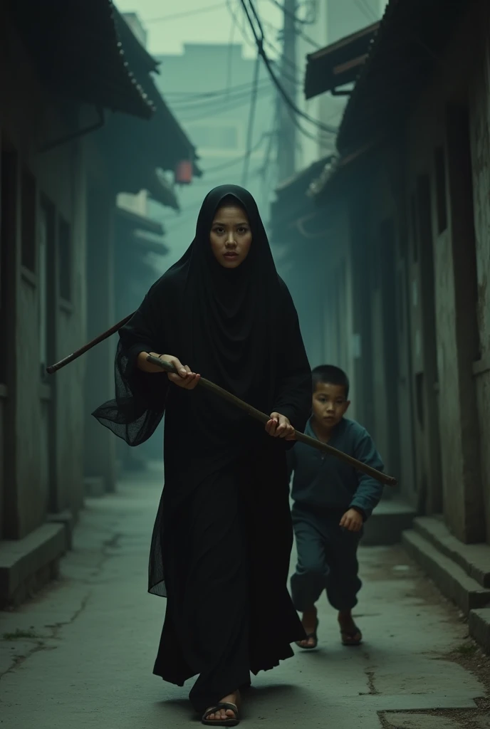 a asian muslim mother holding a bamboo stick chasing her small asian muslim child with an angry face. The mother from back chase the boy. , the boy running away with fear face, detailed facial features, dramatic lighting. Running effect, cinematic composit...