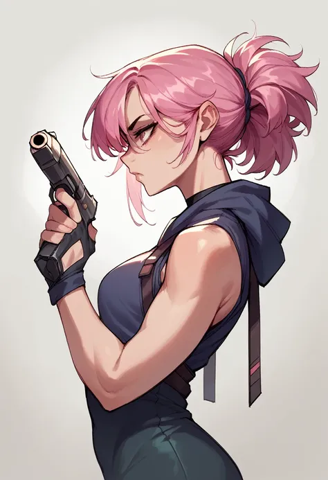 (masterpiece, best quality:1.2), 1girl, solo , side view , front view , pink hair , design , pistol in hand