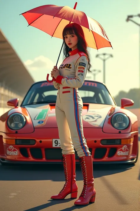 
uhd, realistic, racing queen with korean beauty similiar to tae yon with her face clearly visible, wear boot, left hand holding a open umbrella, on race track, full signal light on top, morning sky, the background is racing porsche 959 full racing sponsor...