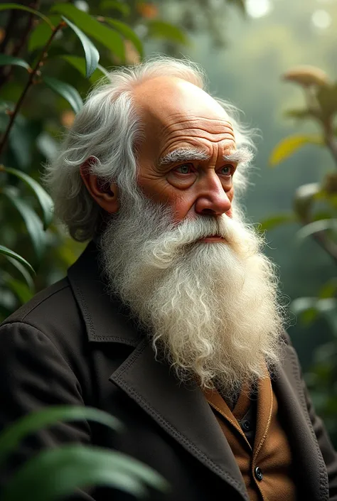 Chasles Darwin, focused face, High detail, His beard is made up of animals representing natural selection. Biological evolution. 